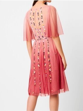 French Connection Amana Dusty Rose Embroidered Midi Dress